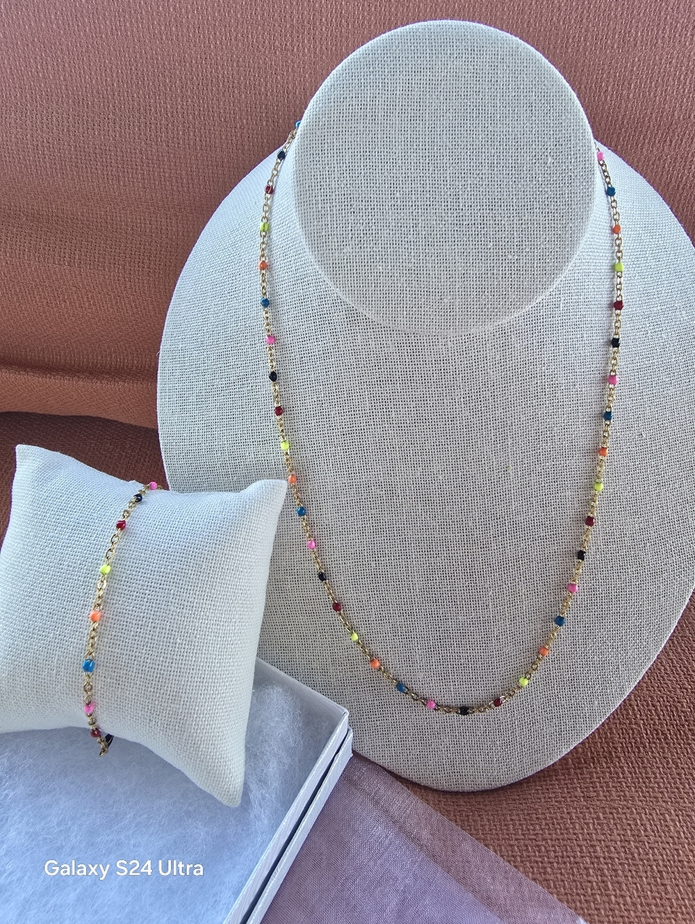 New 18K PVD Multicolor Confetti Beaded Necklace & Bracelet Set